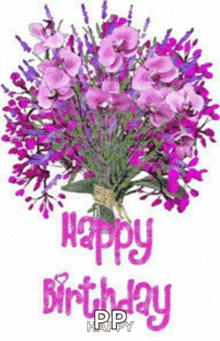 a birthday card with a bouquet of purple flowers and the words `` happy birthday ''