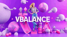 a woman is standing on a podium in front of a purple background with the word vbalance written on it .