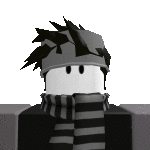 a black and white image of a roblox character wearing a scarf and hat .