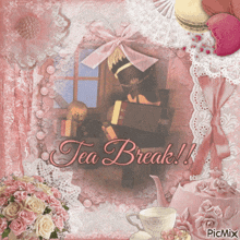 a picture of a tea break with flowers and a teapot