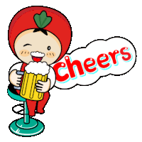 a cartoon character with a tomato hat is holding a mug of beer and says cheers