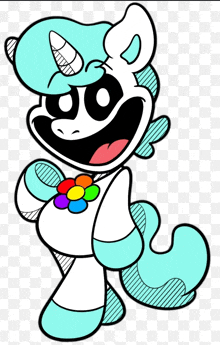 a cartoon drawing of a unicorn with a rainbow flower around its neck