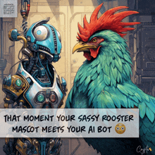 a picture of a robot and a rooster that says that moment your sassy rooster mascot meets your ai bot on it