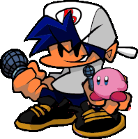 a cartoon character is holding a microphone next to a pink kirby