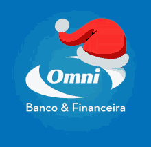 a logo for omni banco & financeira with a santa hat on top