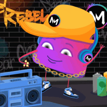 a cartoon character wearing headphones and a hat with a letter m on it