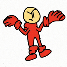 a cartoon character with a yellow head and red gloves