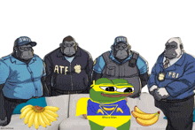 a group of gorillas are standing next to each other with one wearing a fbi hat