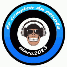 a monkey wearing sunglasses and headphones is in the center of a circle that says " ce comptoir du peuple "