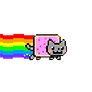 a pixel art cat is flying through the air with a rainbow coming out of it .