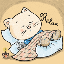 a cartoon drawing of a cat sleeping with a candle and the word relax above it