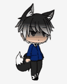 a boy with a wolf tail and ears is wearing a blue jacket and black pants .