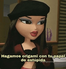 a cartoon girl is wearing a black beret and says `` hagamos origami con tu papel de stupida '' .