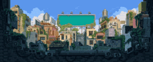 a pixel art drawing of a city with a billboard that says ' sd ' on it