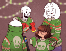 a cartoon drawing of a family wearing matching sweaters