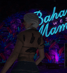 a woman standing in front of a neon sign that says bahamas west