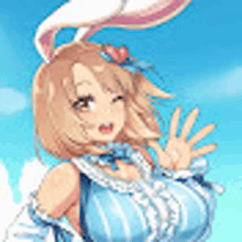 a girl with bunny ears is wearing a striped dress and gloves .