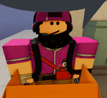 a cartoon character wearing a purple hat and headphones holds an orange box