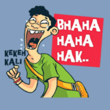 a cartoon of a man laughing with a sign that says ' bahana haha hak '