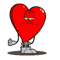 a cartoon heart with arms and legs has a sad look on its face