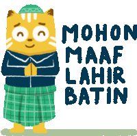 an illustration of a cat wearing a turban and a plaid skirt with the words mohon maaf lahir batin