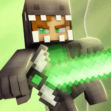 a minecraft character is holding a green glowing sword