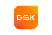 a logo for gsk is shown on an orange background