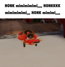 a cartoon character is standing on a skateboard in a video game and says honk mimimimi .