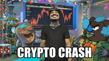 a man stands in front of a screen with the words crypto crash