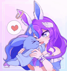 a drawing of a girl with purple hair holding a bunny