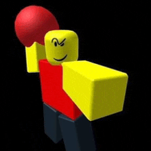 a roblox character wearing a red shirt and a yellow arm is holding a boxing glove .