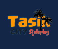 a logo for task city roleplay with palm trees on a blue background