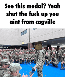 a group of soldiers are gathered in front of a building and a sign that says see this medal