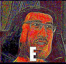 a pixelated portrait of a man wearing glasses and a hat with the letter e next to his face .