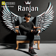 a boy is sitting in a chair with wings and the name ranjan on the wall