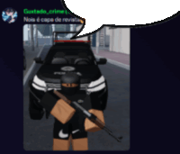 a cartoon character holding a gun in front of a police car