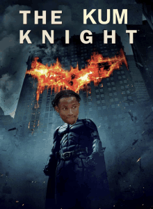 a movie poster for the kum knight shows a man in a batman costume