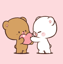 a brown teddy bear is giving a white teddy bear a heart on a pink background