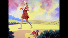 a woman in a red dress and flip flops is running on a yellow road