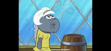 a cartoon character from spongebob is sitting next to a wooden barrel