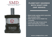 an advertisement for planetary gearbox with shaft end snp series