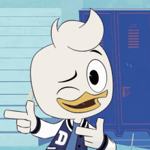 a cartoon character with the letter d on his jacket is pointing