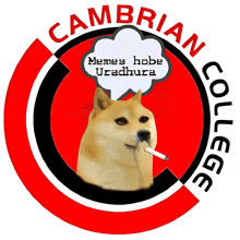 a logo for cambrian college with a dog smoking