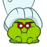 a green cartoon character with red glasses and a chef hat