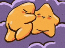 two cartoon stars are hugging each other on a purple background .