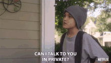 a boy with a backpack says " can i talk to you in private " in front of a house