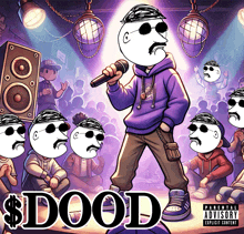 a cartoon of a man singing into a microphone with the words $ dood written below him