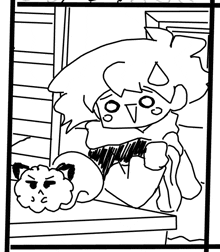 a black and white drawing of a cartoon character sitting on a window sill next to a cat .