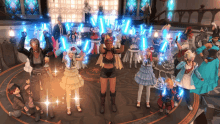 a group of people are standing in a circle holding up blue light sticks