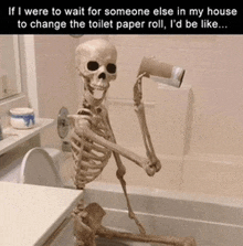 a skeleton is holding a toilet paper roll in a bathtub